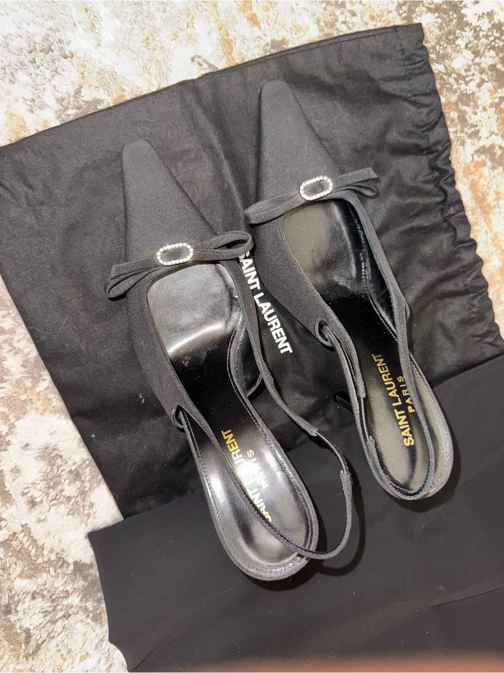 Saint Laurent Black Bow Slingback Heels with Crystal Buckle